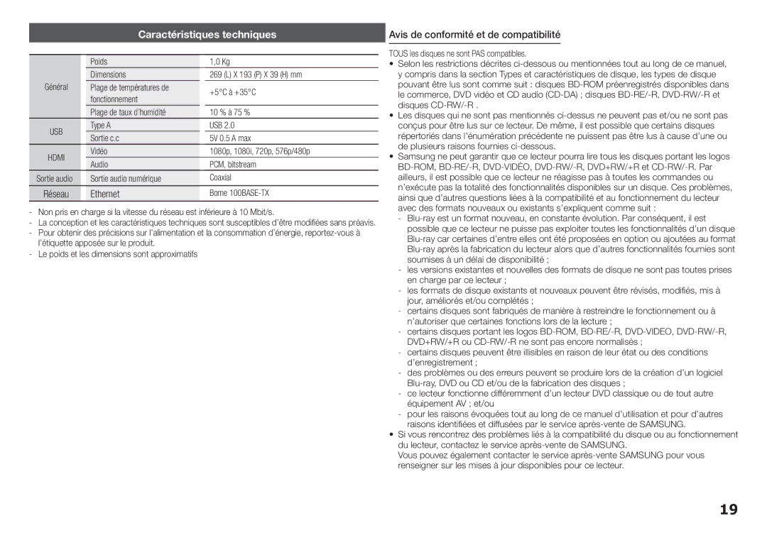 Samsung BD-F5100/ZF, BD-F5100/EN Caractéristiques techniques, Ethernet, Avis de conformité et de compatibilité, Poids Kg 