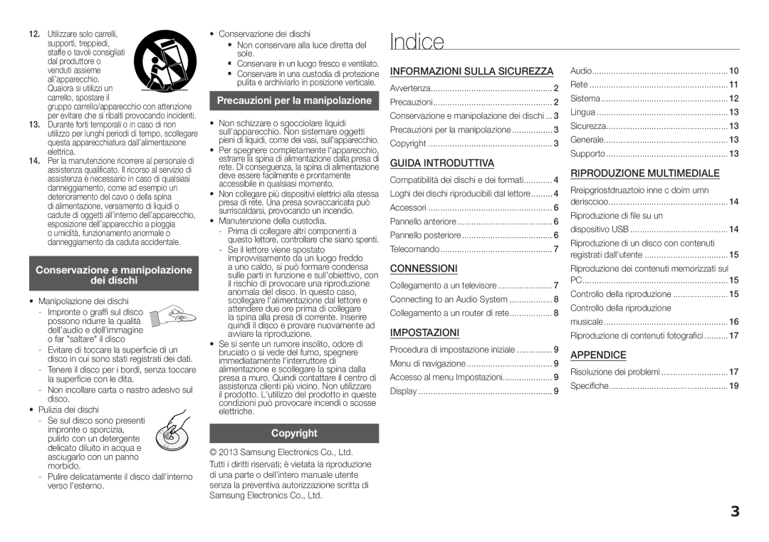 Samsung BD-F5100/EN, BD-F5100/ZF manual Indice, Conservazione e manipolazione Dei dischi 