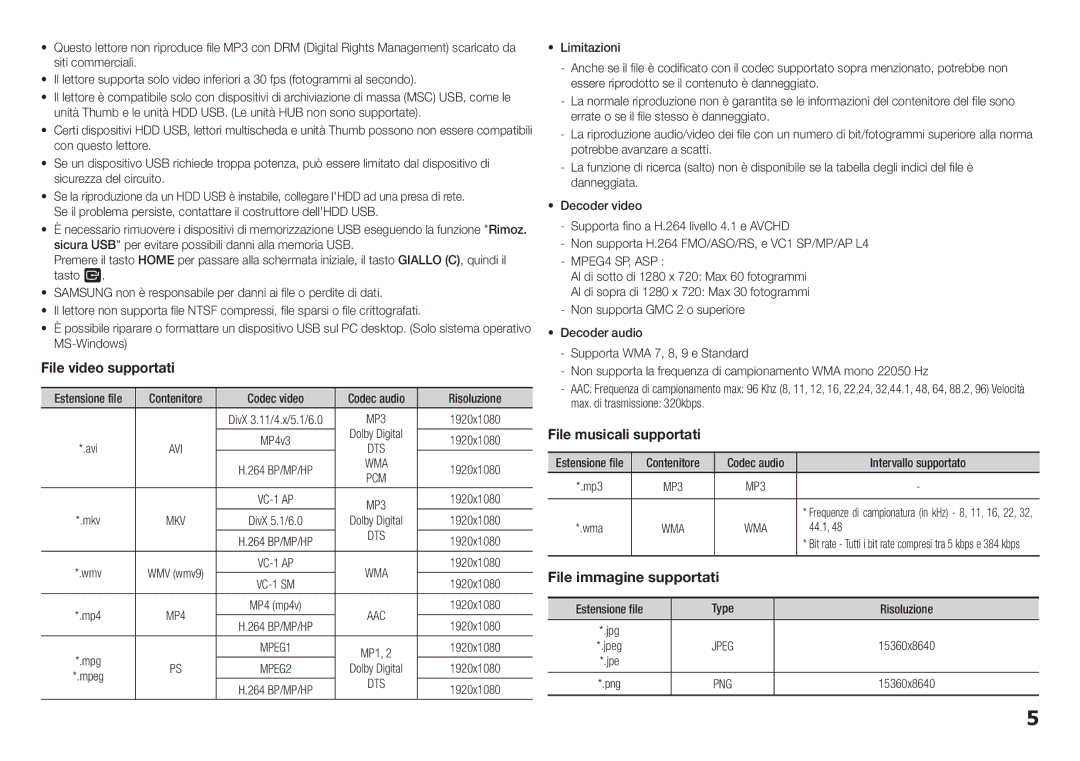 Samsung BD-F5100/EN, BD-F5100/ZF manual File video supportati, Risoluzione 