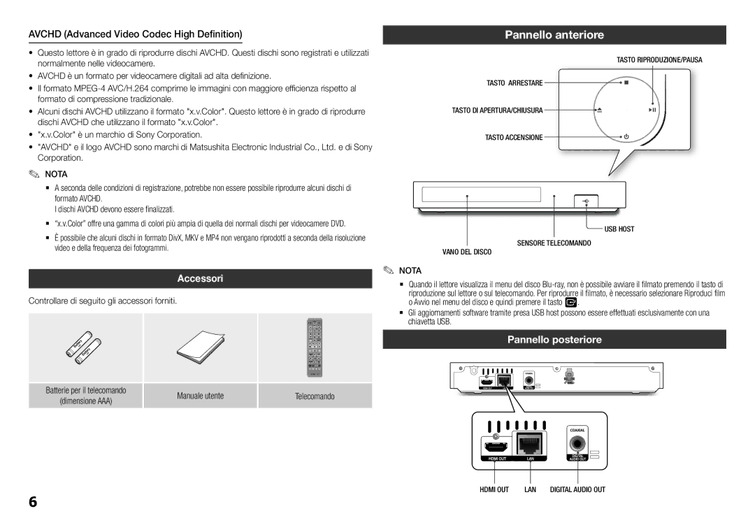 Samsung BD-F5100/ZF manual Pannello anteriore, Avchd Advanced Video Codec High Definition, Accessori, Pannello posteriore 