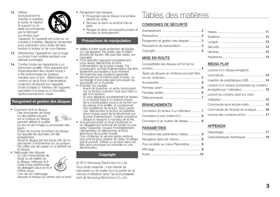 Samsung BD-F5100/ZF, BD-F5100/EN manual Tables des matières, Précautions de manipulation, Copyright 