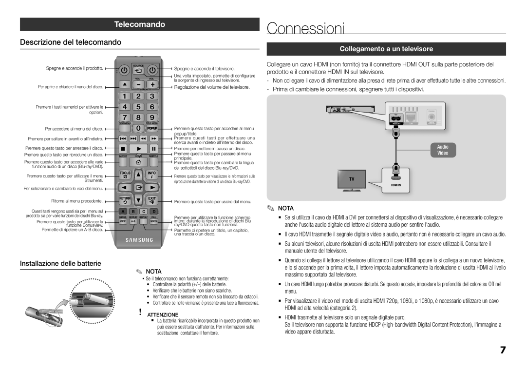 Samsung BD-F5100/EN, BD-F5100/ZF manual Connessioni, Telecomando, Descrizione del telecomando, Collegamento a un televisore 