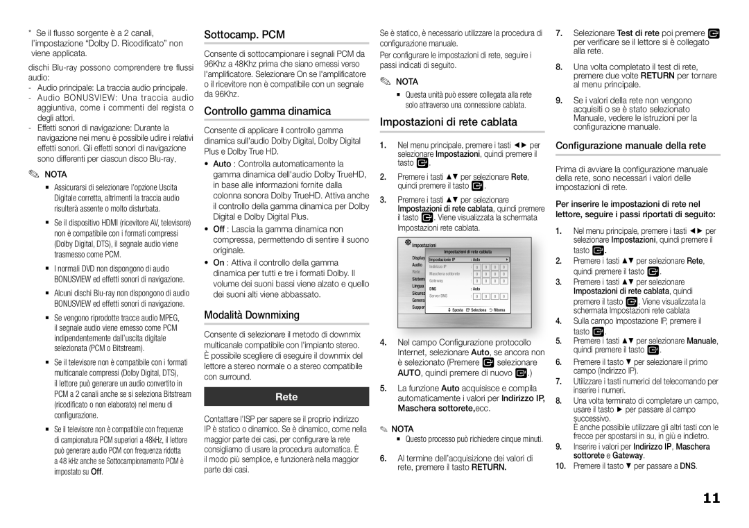 Samsung BD-F5100/EN Sottocamp. PCM, Controllo gamma dinamica, Modalità Downmixing, Impostazioni di rete cablata, Rete 