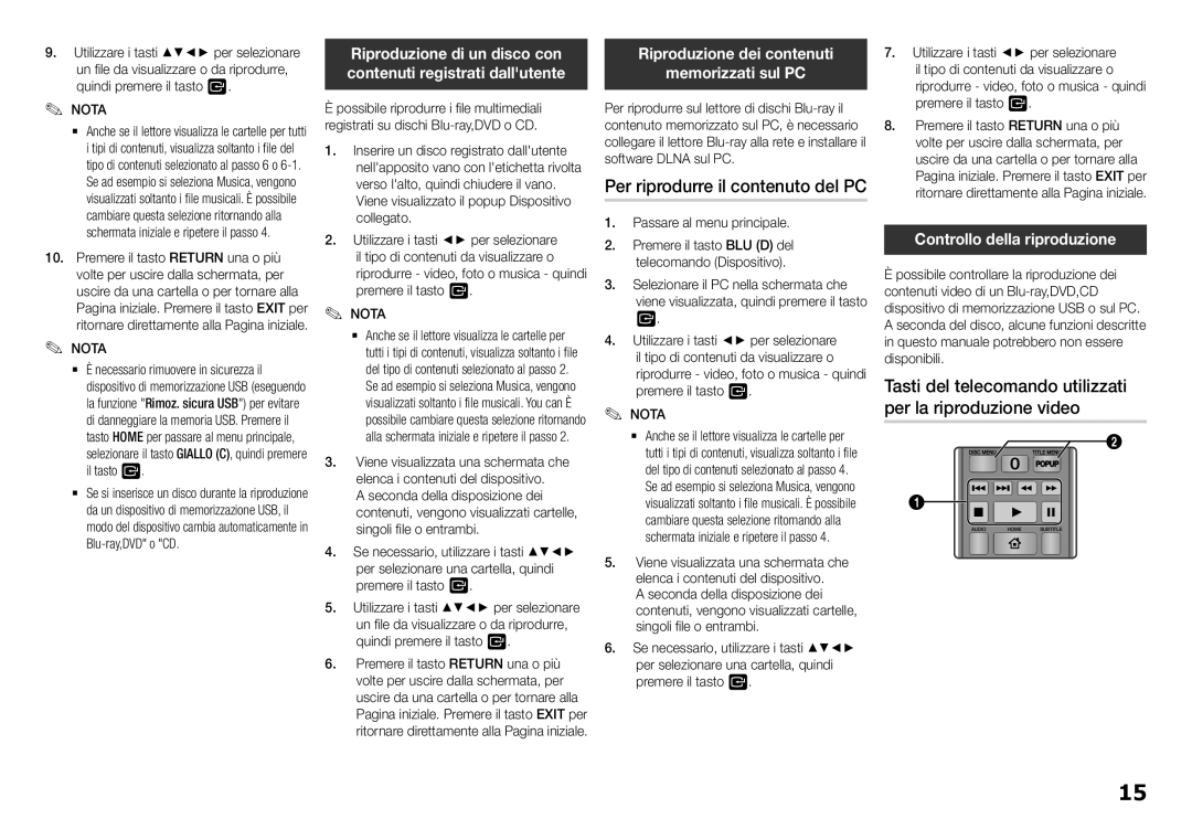 Samsung BD-F5100/EN, BD-F5100/ZF Tasti del telecomando utilizzati, Per la riproduzione video, Riproduzione dei contenuti 