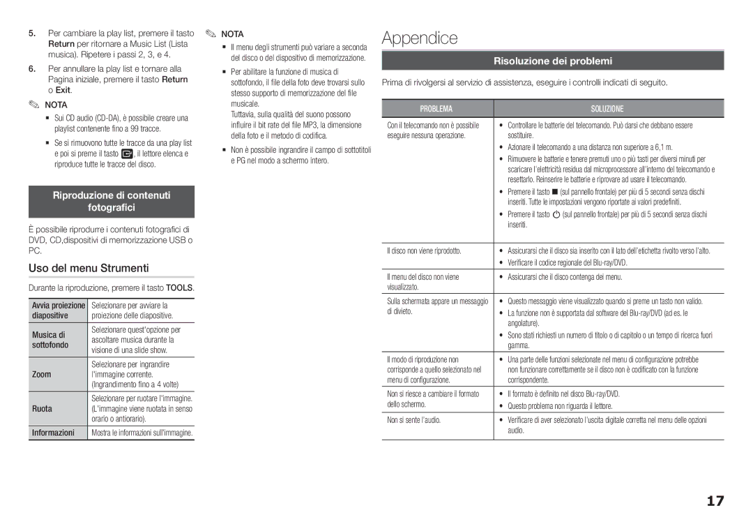 Samsung BD-F5100/EN, BD-F5100/ZF Uso del menu Strumenti, Riproduzione di contenuti Fotografici, Risoluzione dei problemi 