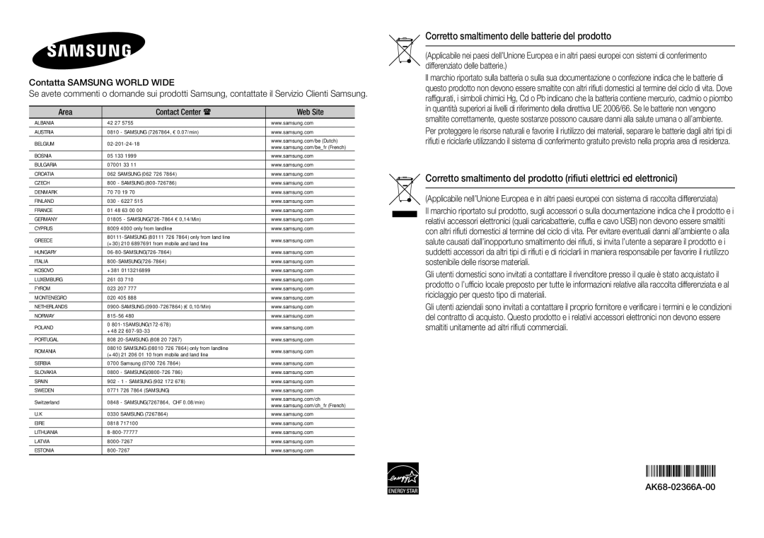 Samsung BD-F5100/EN, BD-F5100/ZF manual Corretto smaltimento delle batterie del prodotto, AK68-02366A-00 