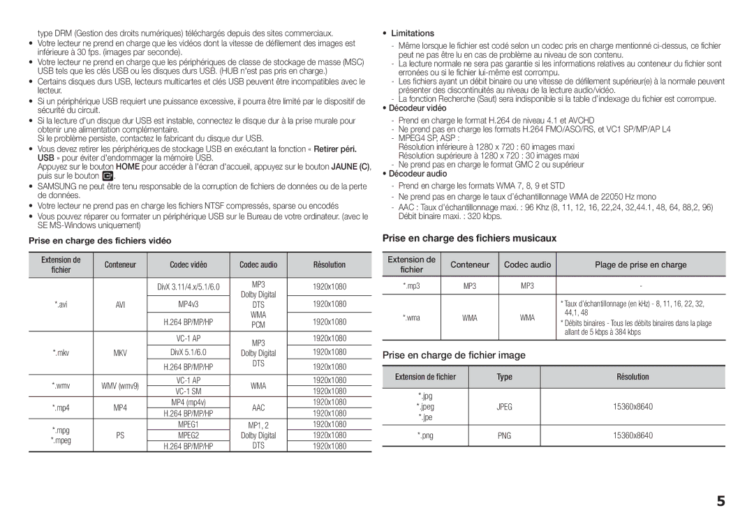 Samsung BD-F5100/ZF, BD-F5100/EN manual Prise en charge de fichier image, Avi, Mkv, Dts 