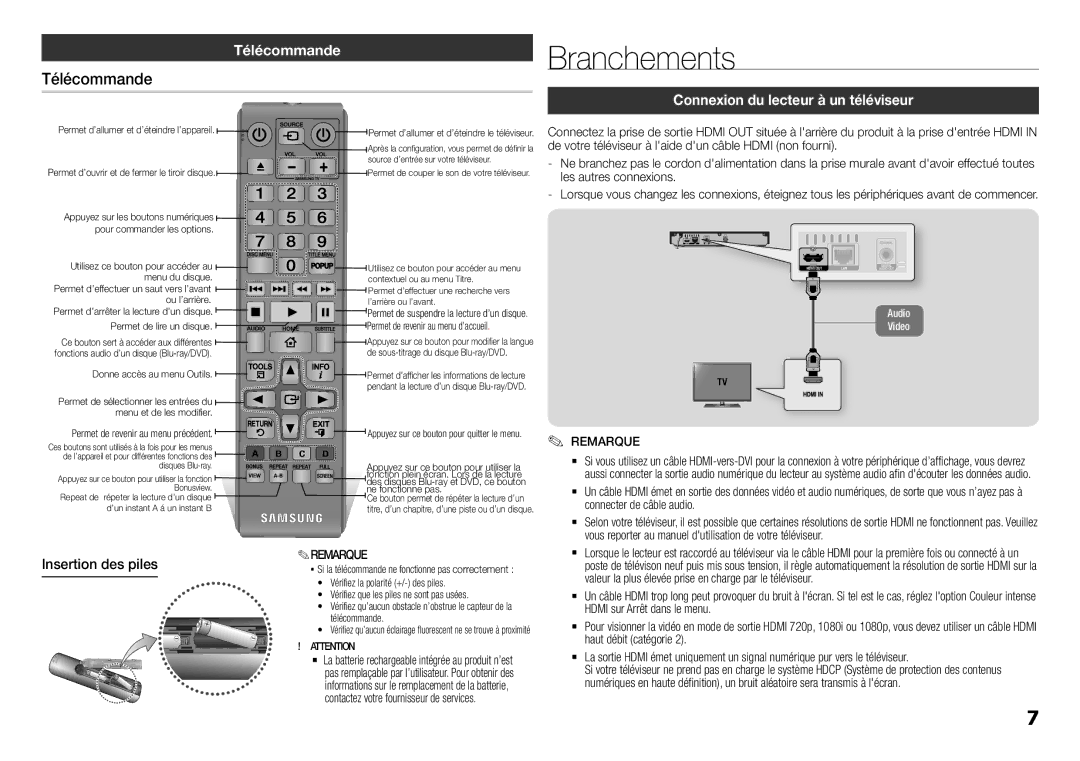 Samsung BD-F5100/ZF, BD-F5100/EN Branchements, Télécommande, Connexion du lecteur à un téléviseur, Insertion des piles 