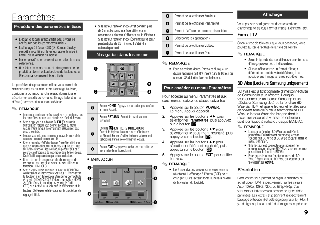 Samsung BD-F5100/ZF, BD-F5100/EN manual Paramètres, Résolution, Affichage, BD Wise Lecteurs Samsung uniquement 