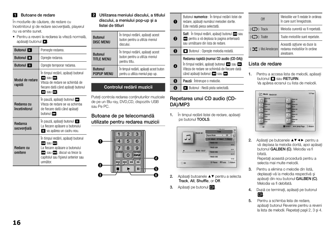 Samsung BD-F5100/EN manual Repetarea unui CD audio CD- DA/MP3, Lista de redare, Controlul redării muzicii 