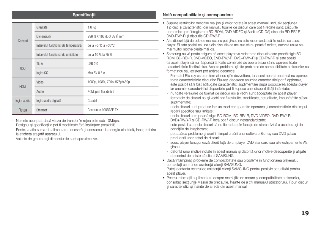 Samsung BD-F5100/EN manual Specificaţii, Notă compatibilitate şi corespundere 