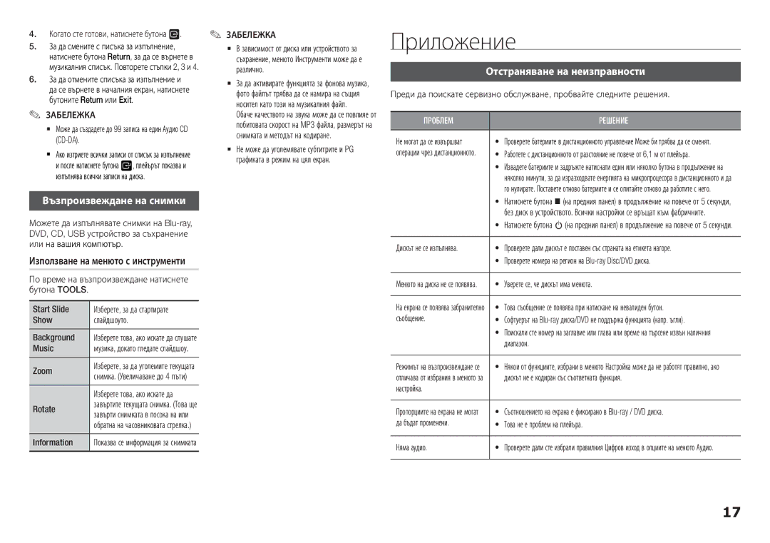 Samsung BD-F5100/EN manual Приложение, Възпроизвеждане на снимки, Отстраняване на неизправности 