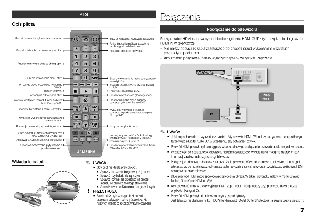 Samsung BD-F5100/EN manual Połączenia, Opis pilota, Pilot, Podłączanie do telewizora, Wkładanie baterii 