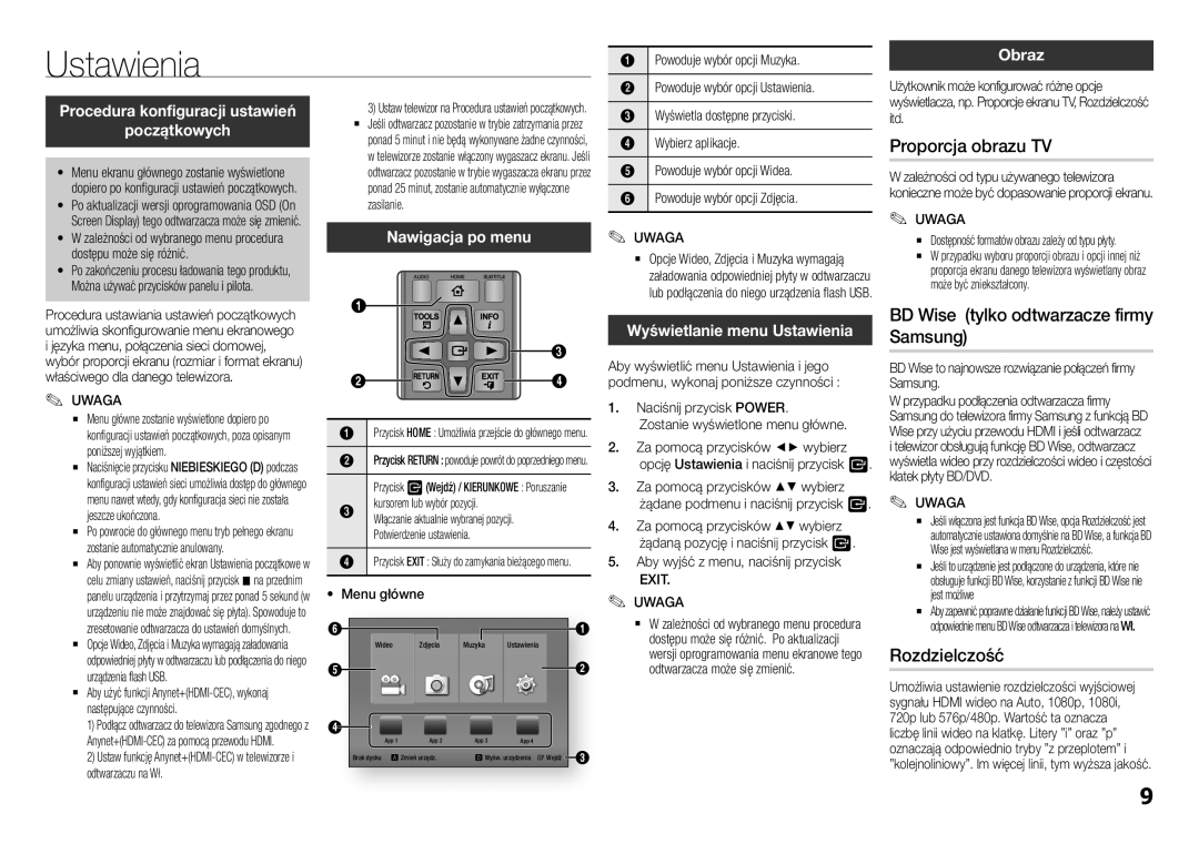 Samsung BD-F5100/EN manual Ustawienia, Proporcja obrazu TV, BD Wise tylko odtwarzacze firmy Samsung, Rozdzielczość 