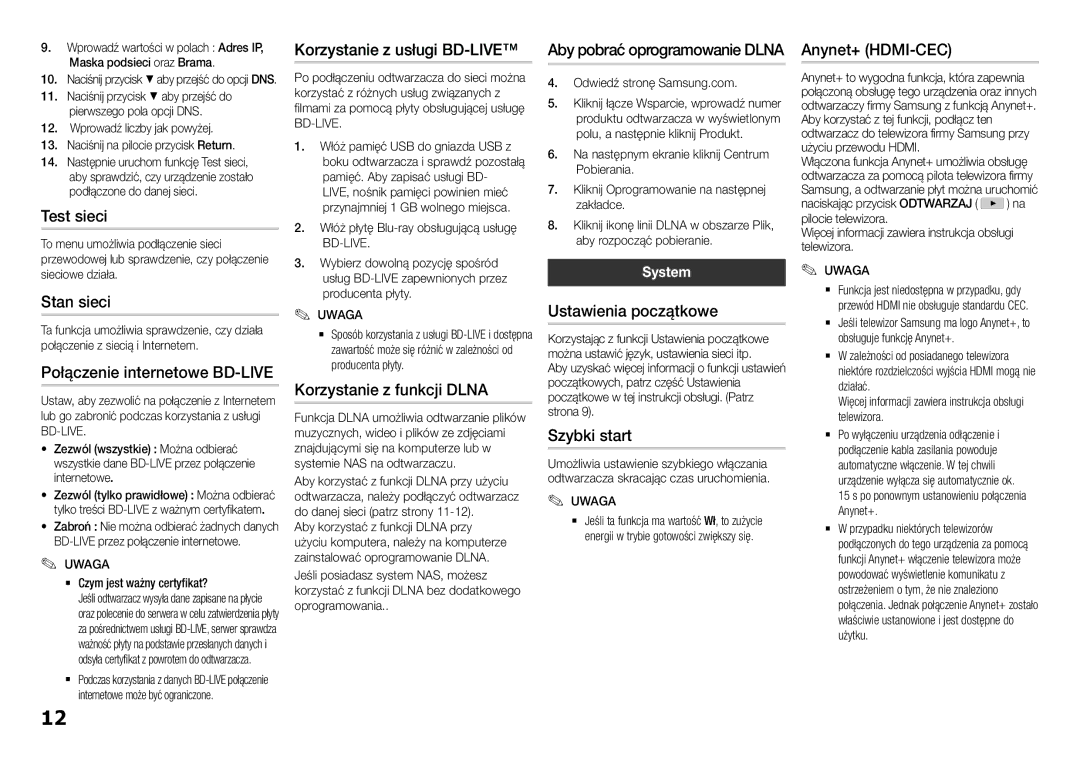 Samsung BD-F5100/EN manual Korzystanie z usługi BD-LIVE, Test sieci, Stan sieci, Ustawienia początkowe, Szybki start 