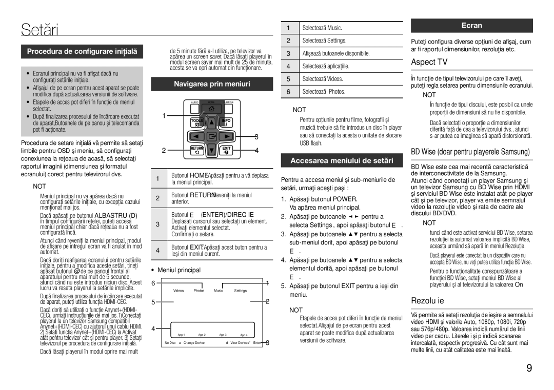 Samsung BD-F5100/EN manual Setări, Aspect TV, BD Wise doar pentru playerele Samsung, Rezoluţie 