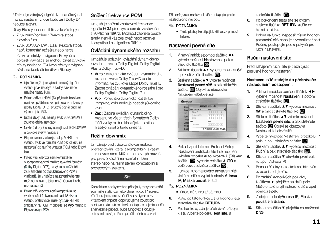 Samsung BD-F5100/EN manual Snížení frekvence PCM, Ovládání dynamického rozsahu, Režim downmix, Ruční nastavení sítě, Síť 