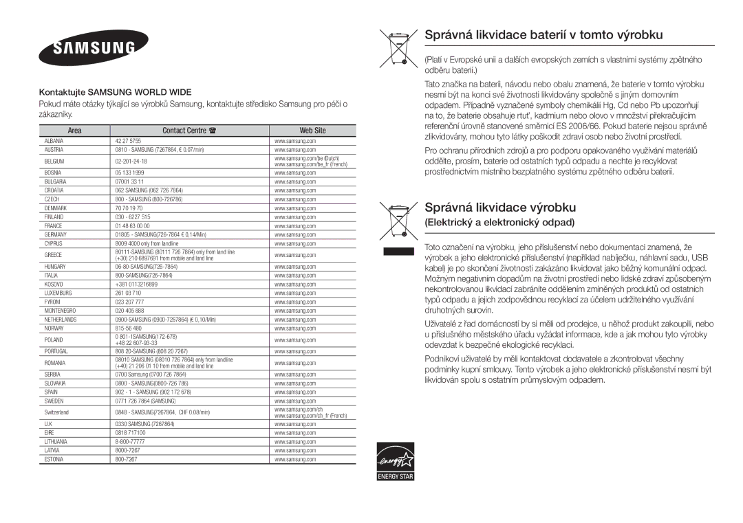 Samsung BD-F5100/EN Správná likvidace baterií v tomto výrobku, Správná likvidace výrobku Elektrický a elektronický odpad 