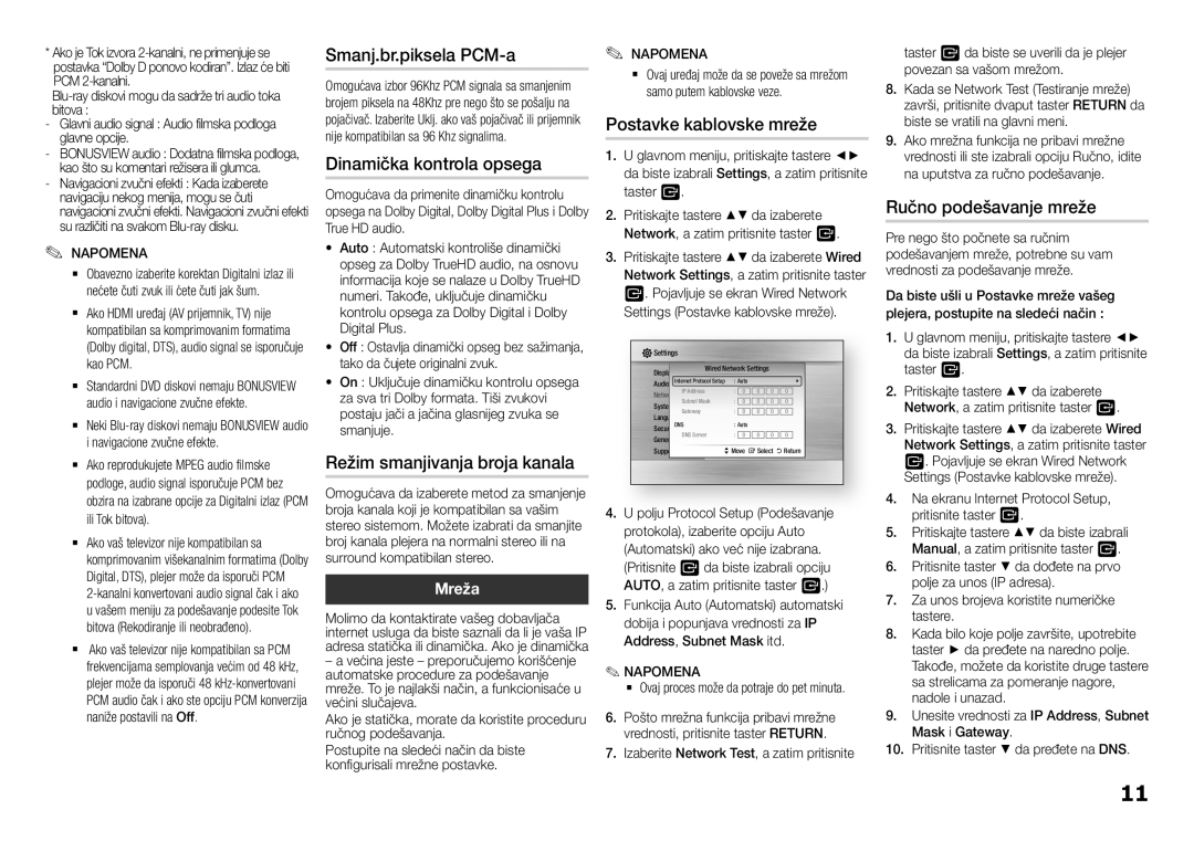 Samsung BD-F5100/EN manual Smanj.br.piksela PCM-a, Dinamička kontrola opsega, Režim smanjivanja broja kanala 