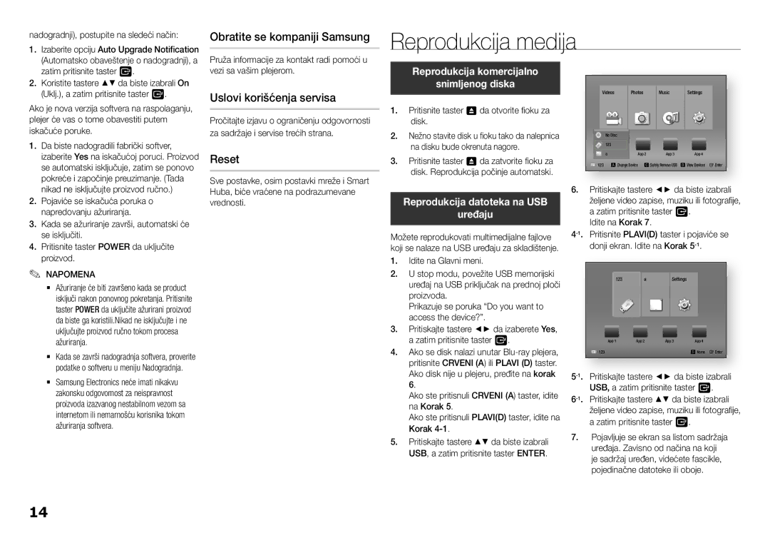 Samsung BD-F5100/EN manual Reprodukcija medija, Obratite se kompaniji Samsung, Uslovi korišćenja servisa, Reset 