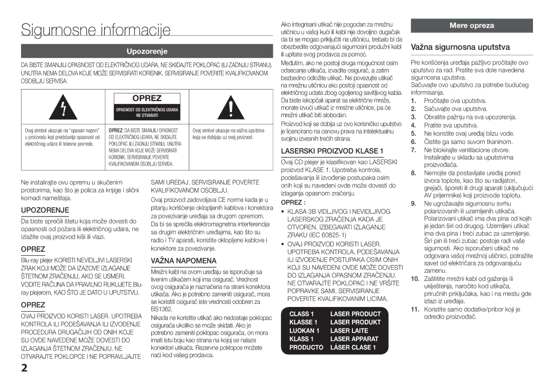 Samsung BD-F5100/EN manual Sigurnosne informacije, Važna sigurnosna uputstva, Upozorenje, Mere opreza, Oprez 