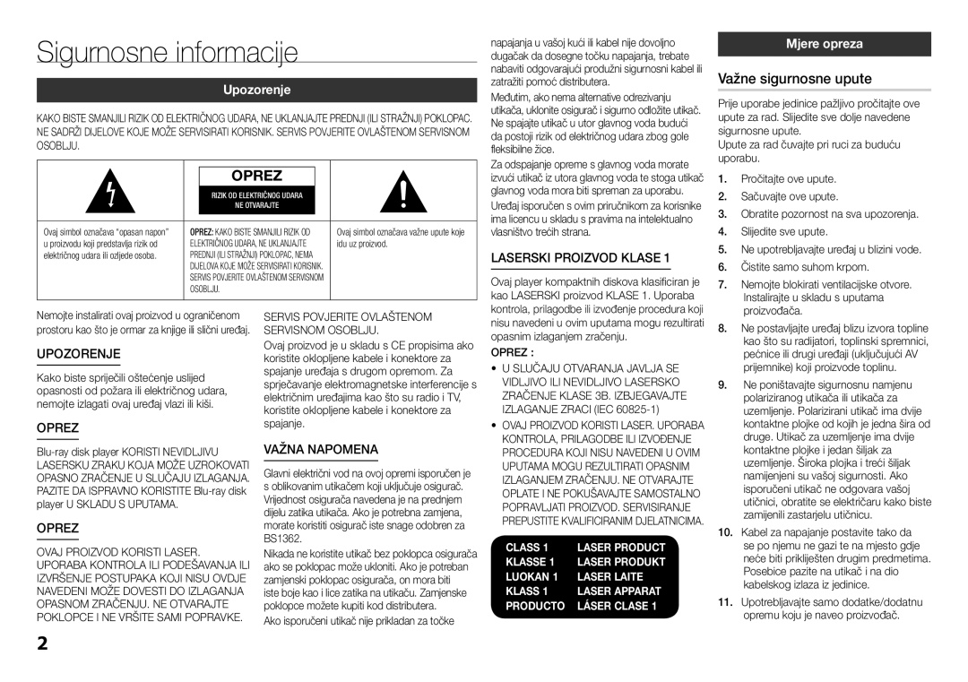 Samsung BD-F5100/EN manual Važne sigurnosne upute, Mjere opreza, Laserski proizvod Klase 