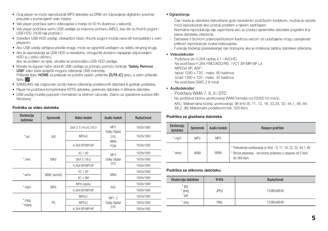 Samsung BD-F5100/EN manual Podržava WMA 7, 8, 9 i STD, Dts, MP3, Jpeg 