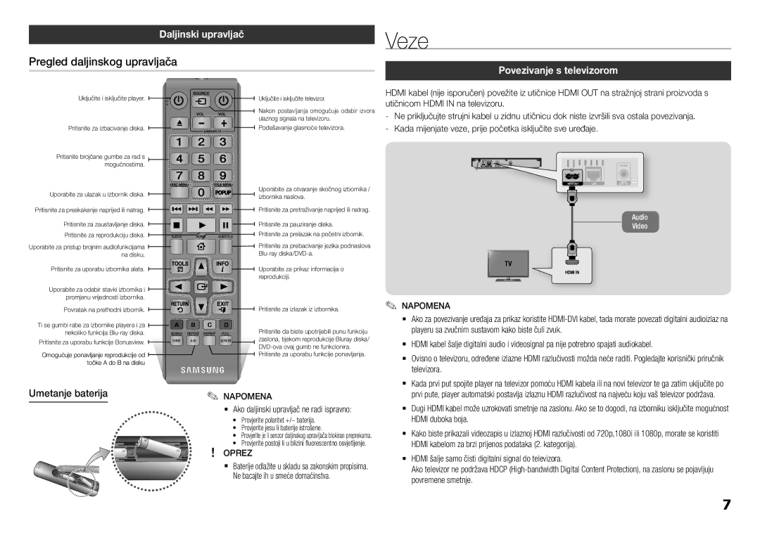 Samsung BD-F5100/EN manual Veze, Pregled daljinskog upravljača, Povezivanje s televizorom, Umetanje baterija 