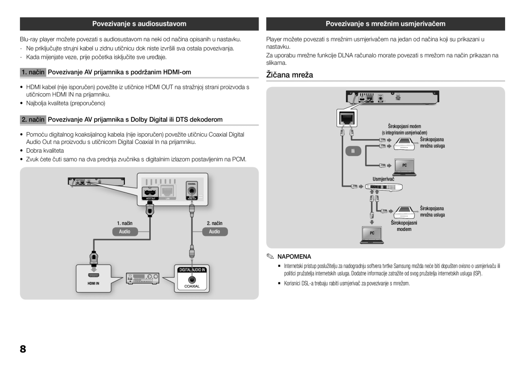 Samsung BD-F5100/EN manual Žičana mreža, Povezivanje s audiosustavom, Povezivanje s mrežnim usmjerivačem, Dobra kvaliteta 