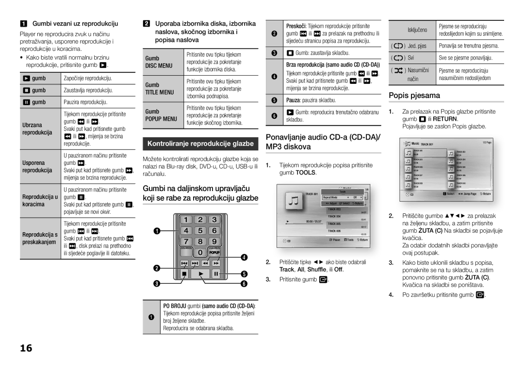 Samsung BD-F5100/EN manual Ponavljanje audio CD-a CD-DA/ MP3 diskova, Popis pjesama 