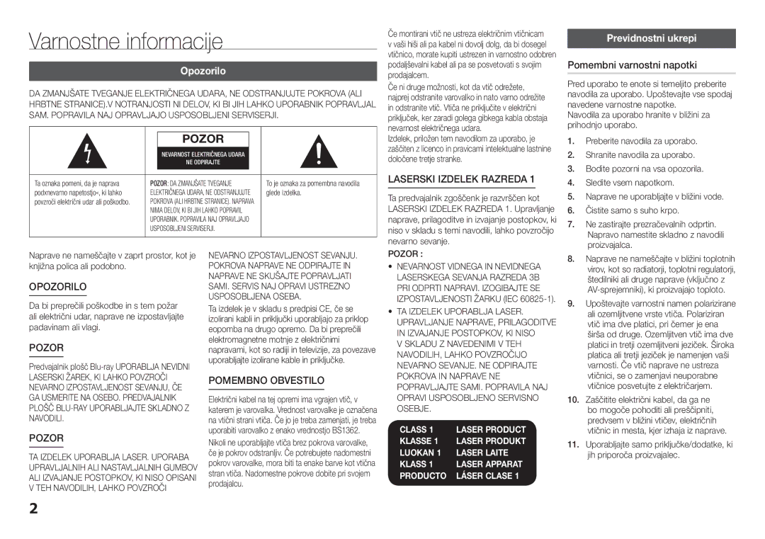 Samsung BD-F5100/EN manual Varnostne informacije, Opozorilo, Previdnostni ukrepi, Pomembni varnostni napotki 