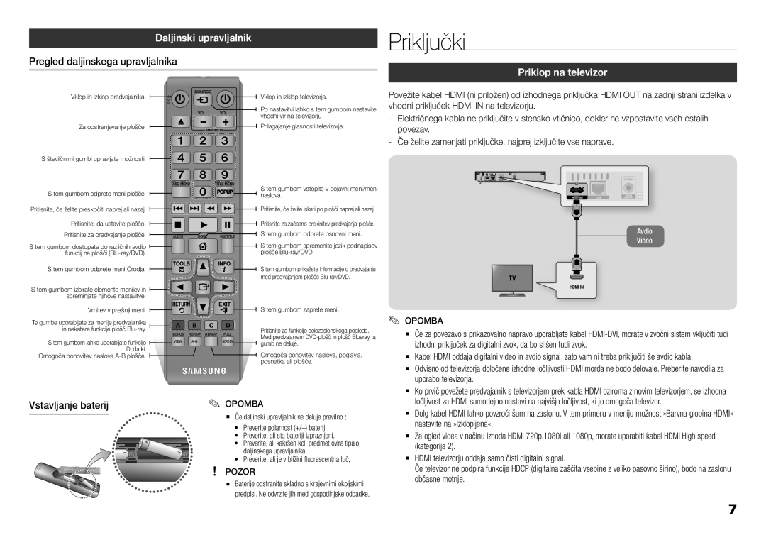 Samsung BD-F5100/EN manual Priključki, Daljinski upravljalnik, Pregled daljinskega upravljalnika, Priklop na televizor 