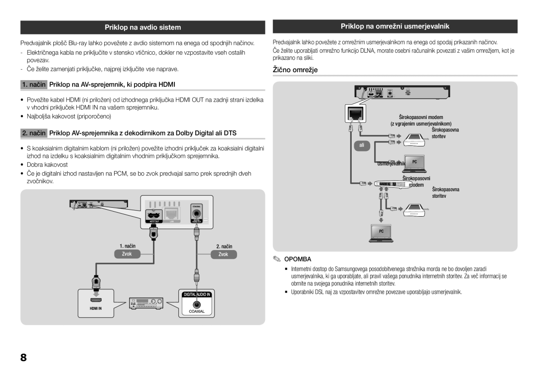 Samsung BD-F5100/EN manual Priklop na avdio sistem, Priklop na omrežni usmerjevalnik, Žično omrežje 