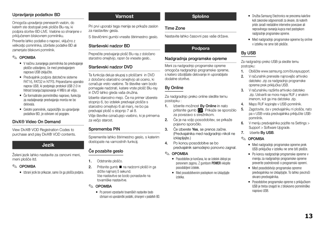 Samsung BD-F5100/EN manual Splošno, Podpora 