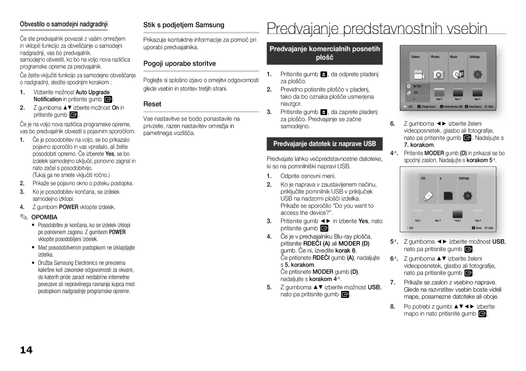 Samsung BD-F5100/EN Predvajanje predstavnostnih vsebin, Obvestilo o samodejni nadgradnji, Stik s podjetjem Samsung, Reset 