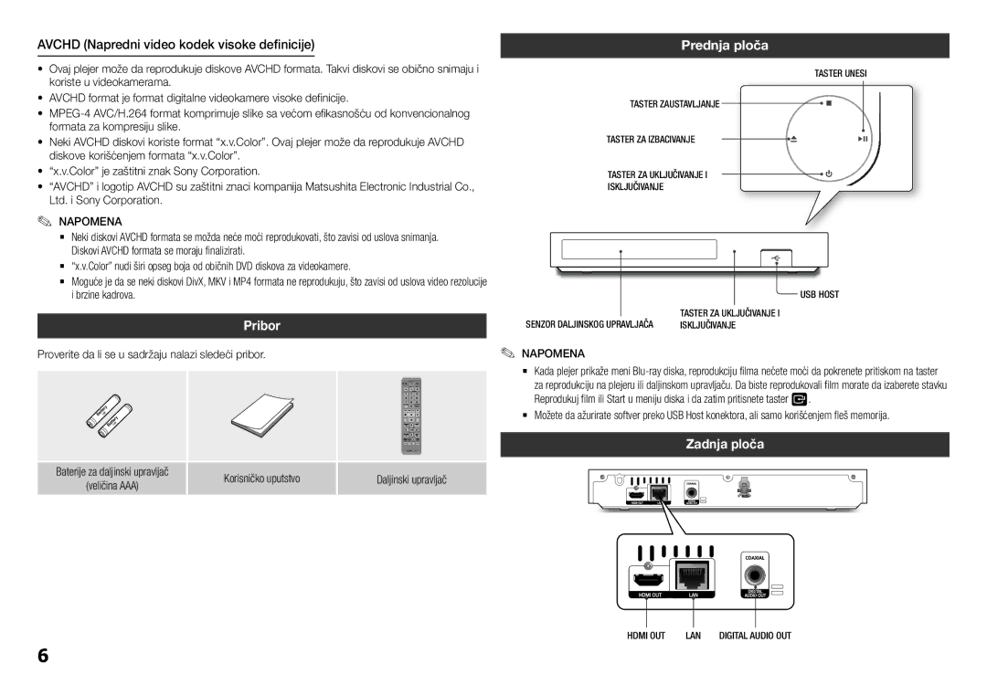 Samsung BD-F5100/EN manual Avchd Napredni video kodek visoke definicije, Pribor, Prednja ploča, Zadnja ploča 