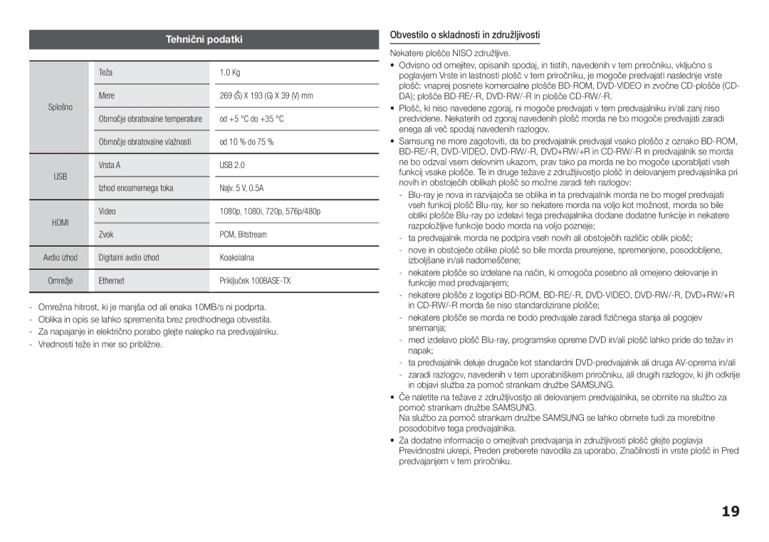 Samsung BD-F5100/EN manual Tehnični podatki, Obvestilo o skladnosti in združljivosti 