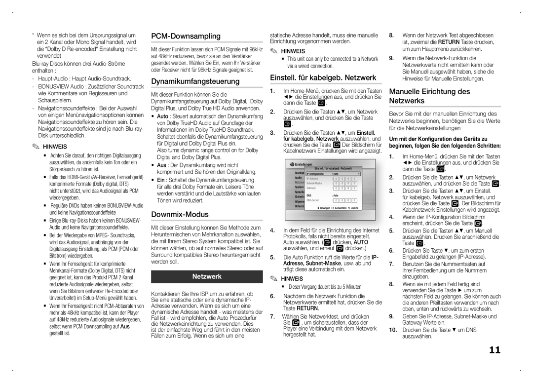 Samsung BD-F5100/XN, BD-F5100/TK PCM-Downsampling, Einstell. für kabelgeb. Netzwerk Dynamikumfangsteuerung, Downmix-Modus 