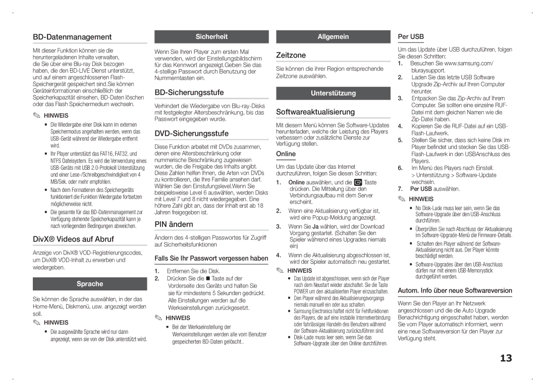 Samsung BD-F5100/ZF manual BD-Datenmanagement, DivX Videos auf Abruf, BD-Sicherungsstufe, DVD-Sicherungsstufe, PIN ändern 