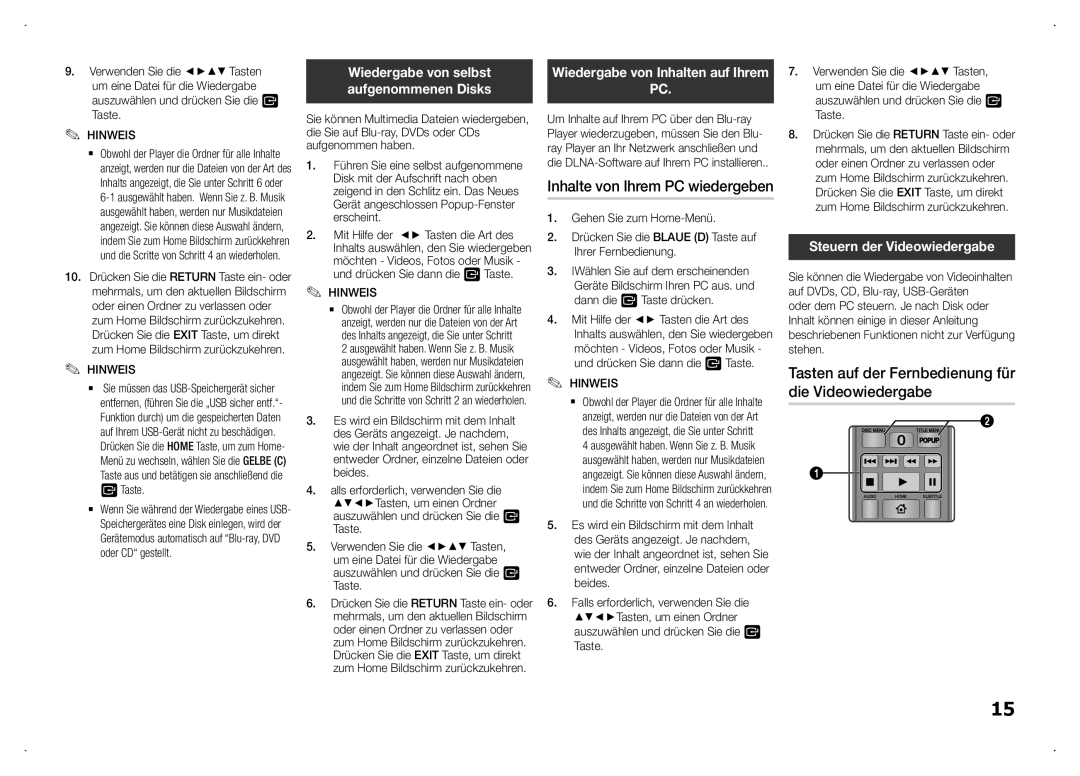 Samsung BD-F5100/TK manual Tasten auf der Fernbedienung für die Videowiedergabe, Wiedergabe von selbst, Aufgenommenen Disks 