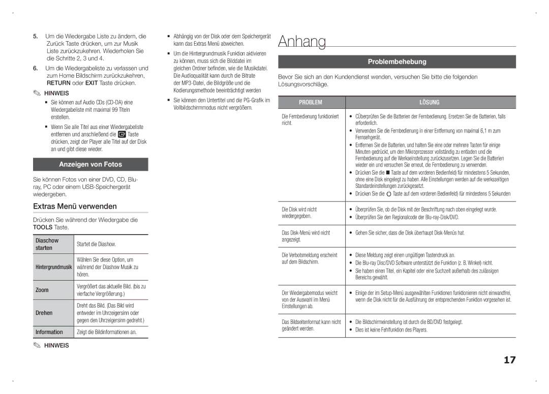 Samsung BD-F5100/EN, BD-F5100/TK, BD-F5100/XN manual Anhang, Extras Menü verwenden, Anzeigen von Fotos, Problembehebung 