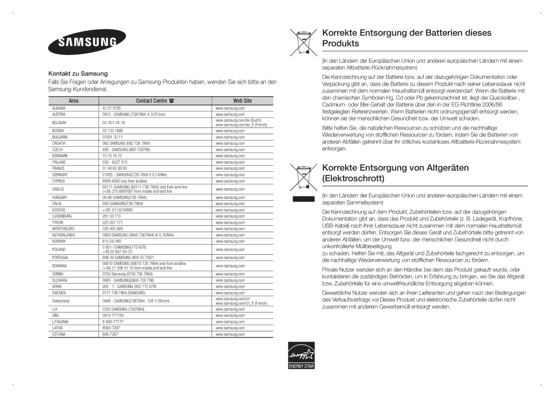 Samsung BD-F5100/ZF, BD-F5100/TK, BD-F5100/XN, BD-F5100/EN, BD-F5100/XE Korrekte Entsorgung der Batterien dieses Produkts 