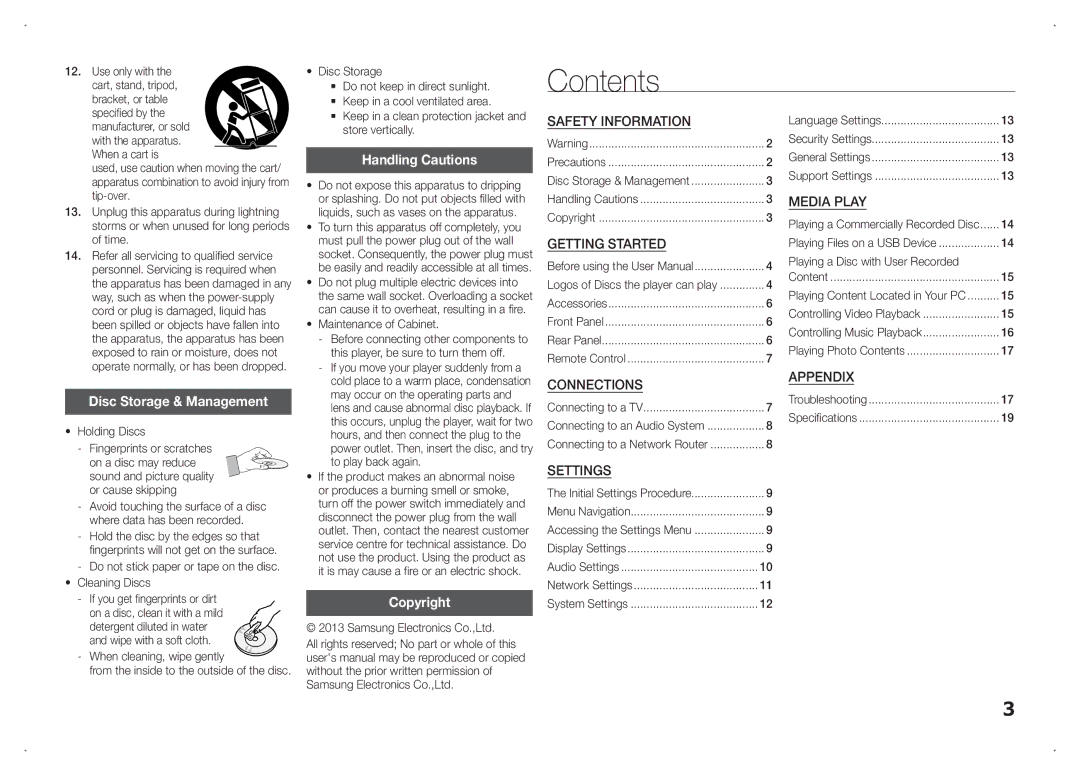 Samsung BD-F5100/XN, BD-F5100/TK, BD-F5100/EN, BD-F5100/ZF, BD-F5100/XE manual Contents 