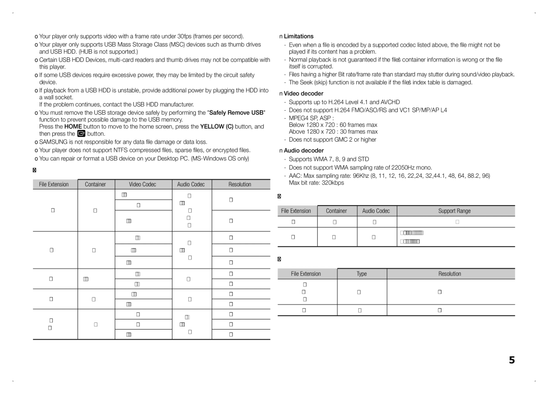 Samsung BD-F5100/ZF, BD-F5100/TK, BD-F5100/XN, BD-F5100/EN, BD-F5100/XE manual Resolution, Mp3, Wma, Type, Jpeg 