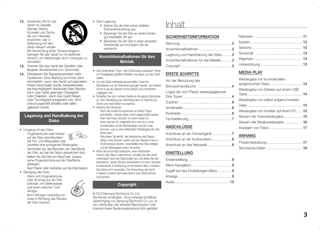 Samsung BD-F5100/ZF, BD-F5100/TK Inhalt, Lagerung und Handhabung der Disks, Vorsichtsmaßnahmen für den Betrieb, Copyright 