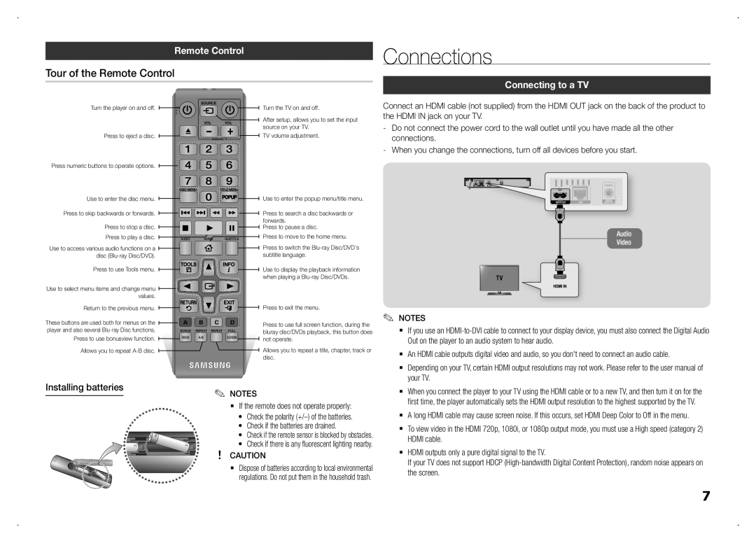 Samsung BD-F5100/TK, BD-F5100/XN manual Connections, Tour of the Remote Control, Connecting to a TV, Installing batteries 