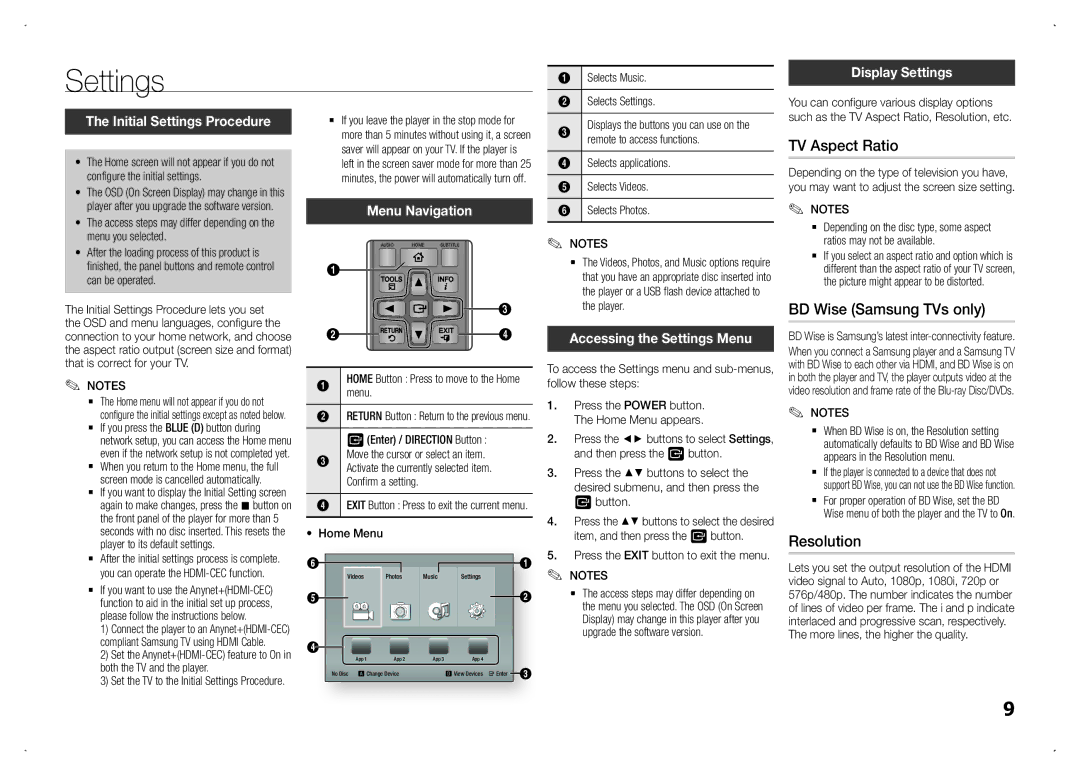 Samsung BD-F5100/EN, BD-F5100/TK, BD-F5100/XN, BD-F5100/ZF Settings, TV Aspect Ratio, BD Wise Samsung TVs only, Resolution 