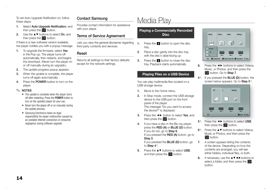 Samsung BD-F5100/EN, BD-F5100/TK manual Contact Samsung, Terms of Service Agreement, Reset, Playing Files on a USB Device 