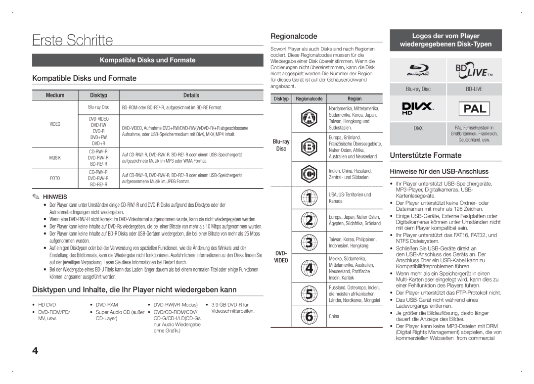 Samsung BD-F5100/XE, BD-F5100/TK manual Erste Schritte, Kompatible Disks und Formate, Regionalcode, Unterstützte Formate 