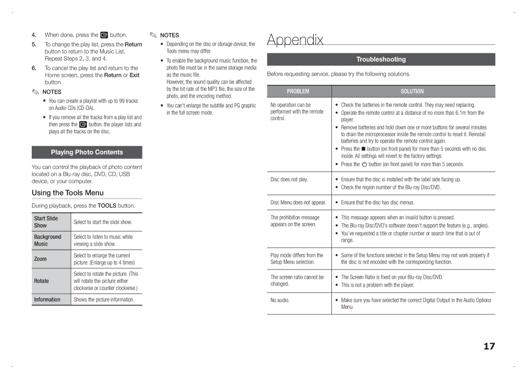 Samsung BD-F5100/TK, BD-F5100/XN, BD-F5100/EN manual Appendix, Using the Tools Menu, Playing Photo Contents, Troubleshooting 